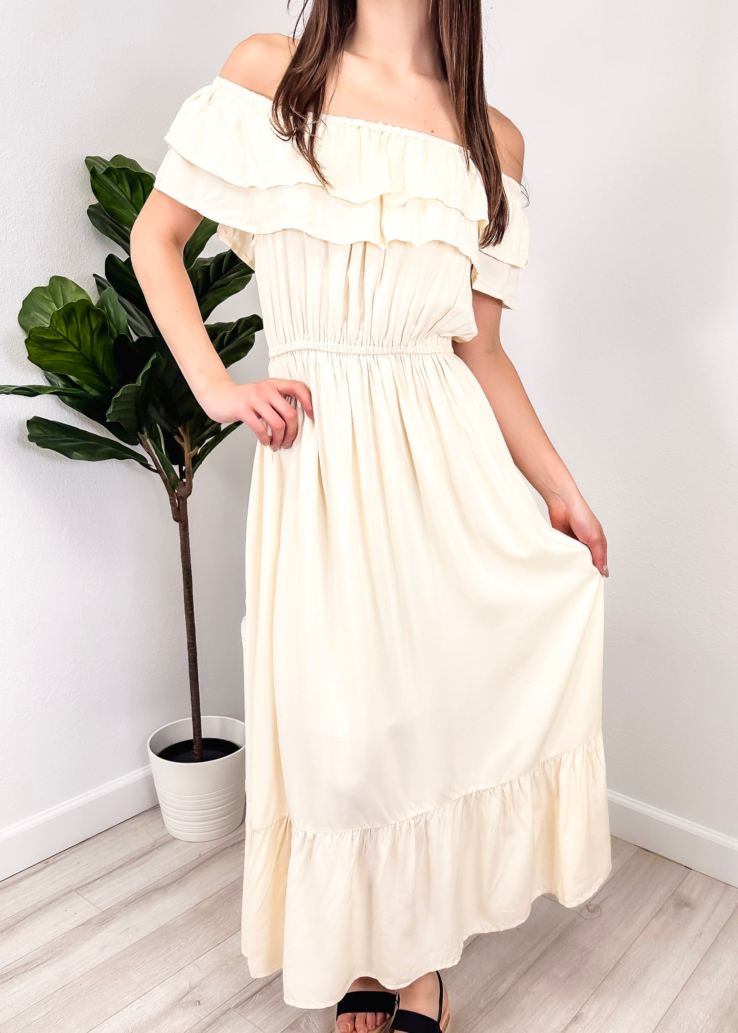 Grecian Ruffle Stretch Maxi Long Dress