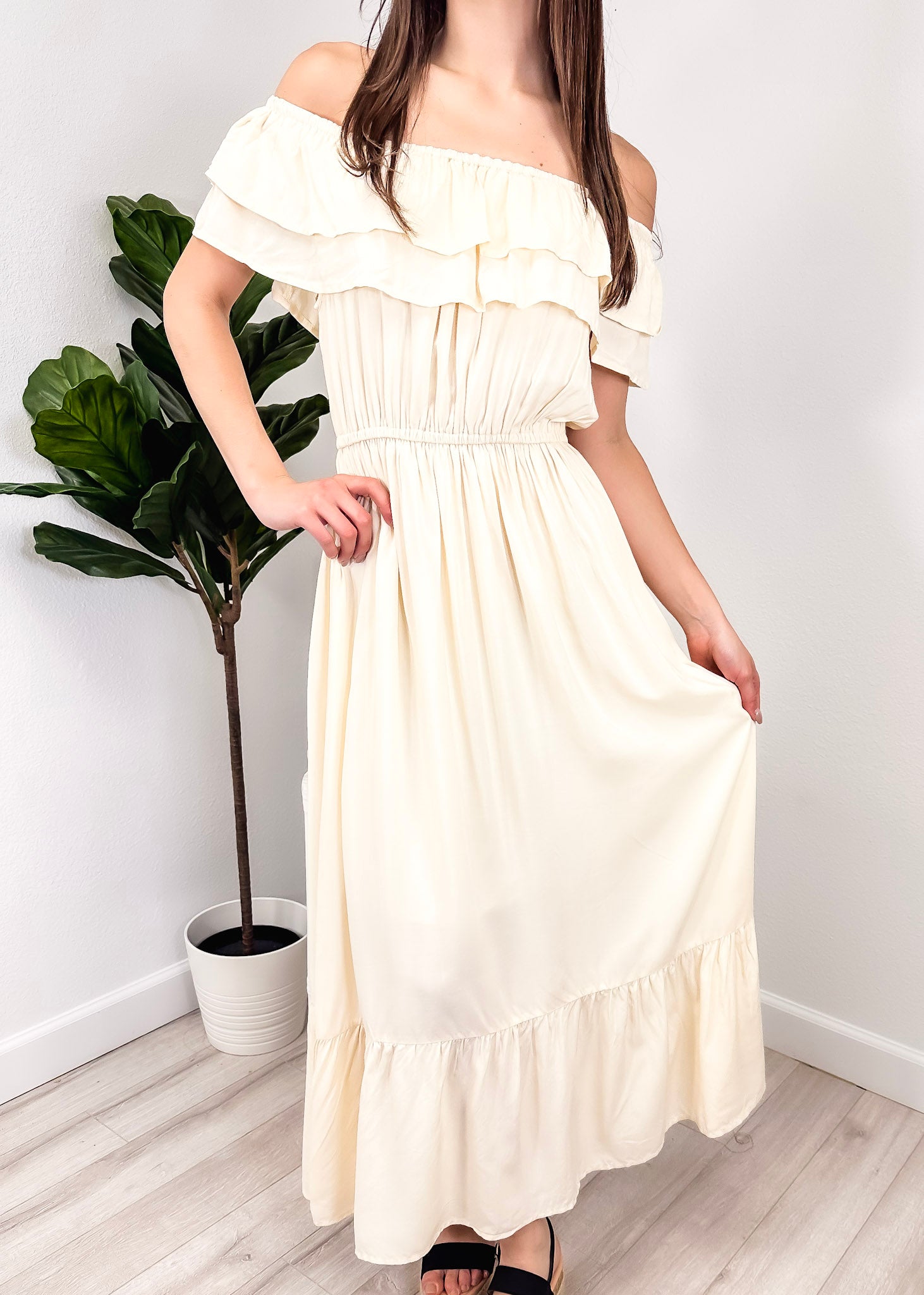 Vestido largo elástico con volantes de estilo griego