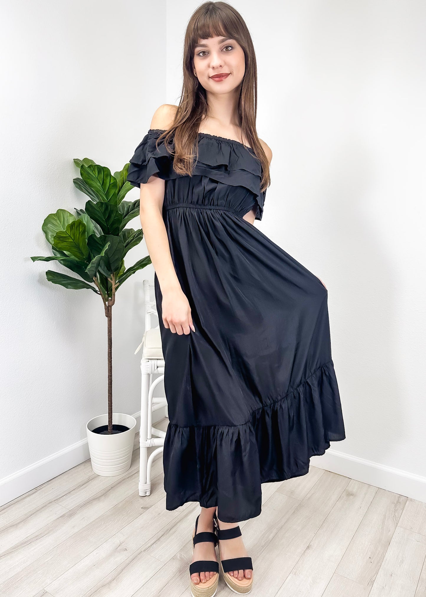 Grecian Ruffle Stretch Maxi Long Dress
