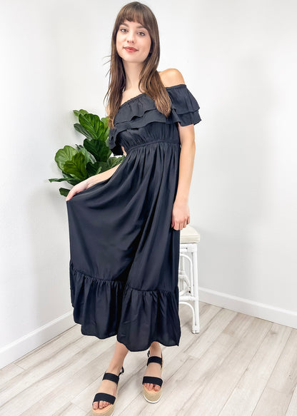 Grecian Ruffle Stretch Maxi Long Dress