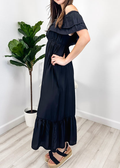 Grecian Ruffle Stretch Maxi Long Dress