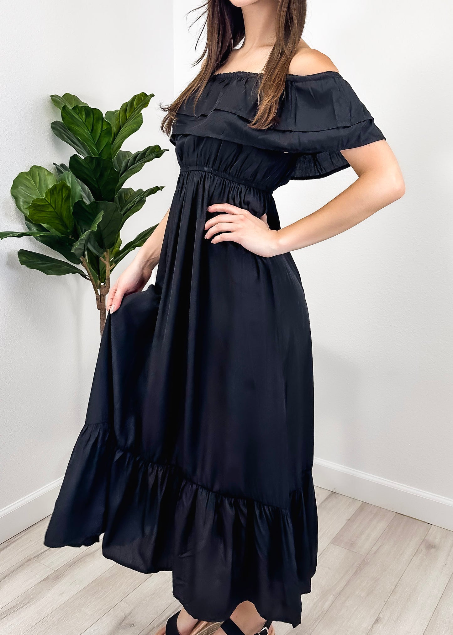 Grecian Ruffle Stretch Maxi Long Dress