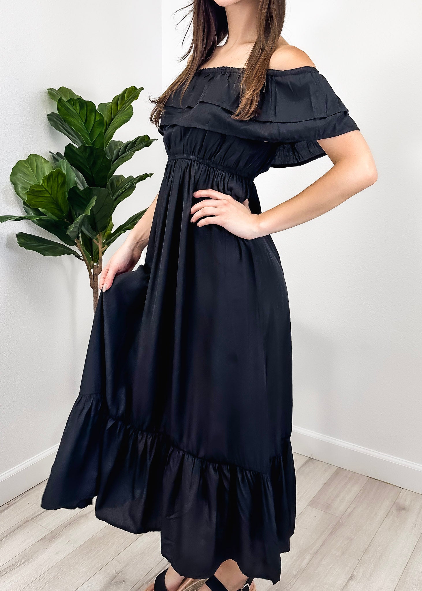 Vestido largo elástico con volantes de estilo griego