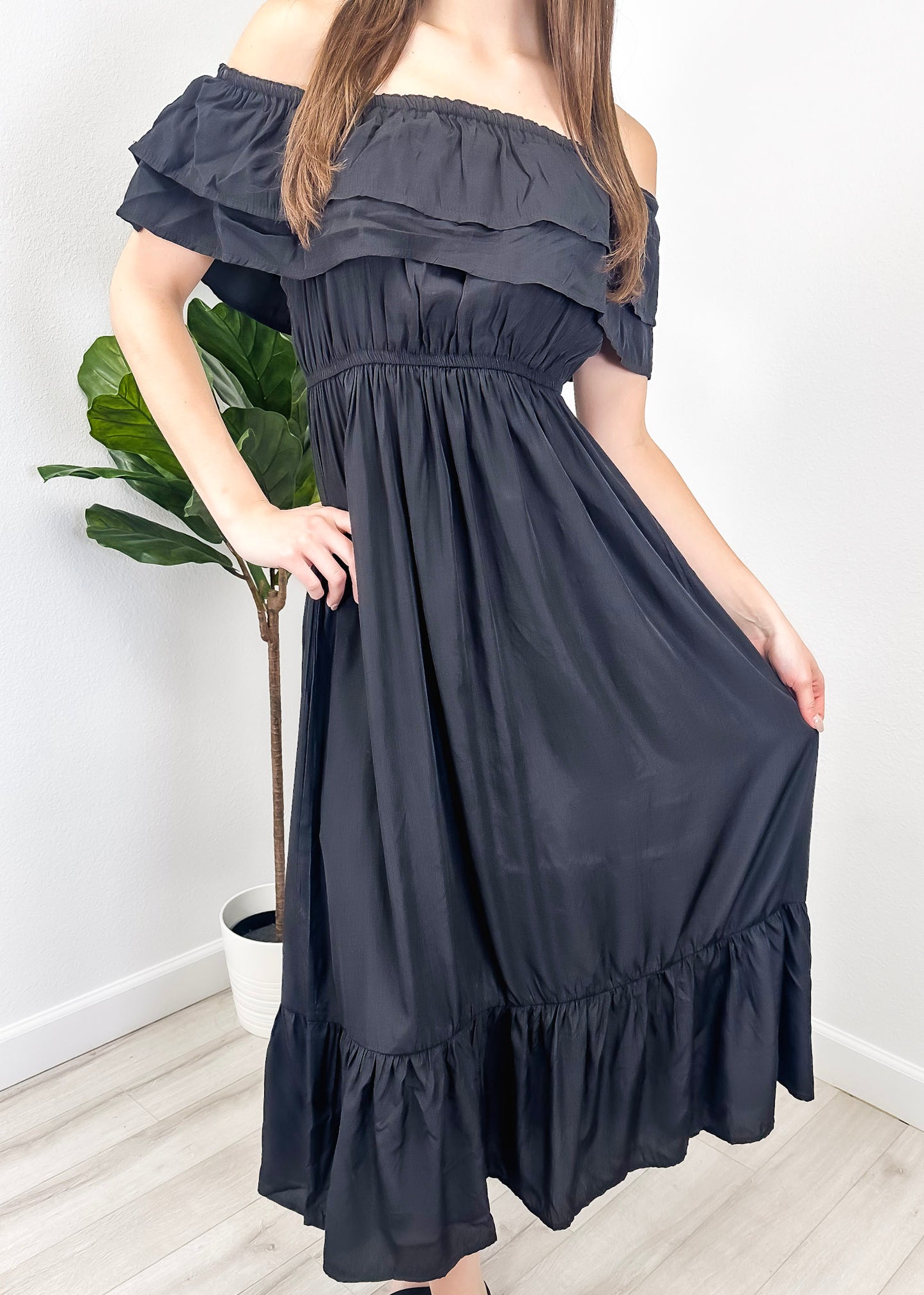 Grecian Ruffle Stretch Maxi Long Dress