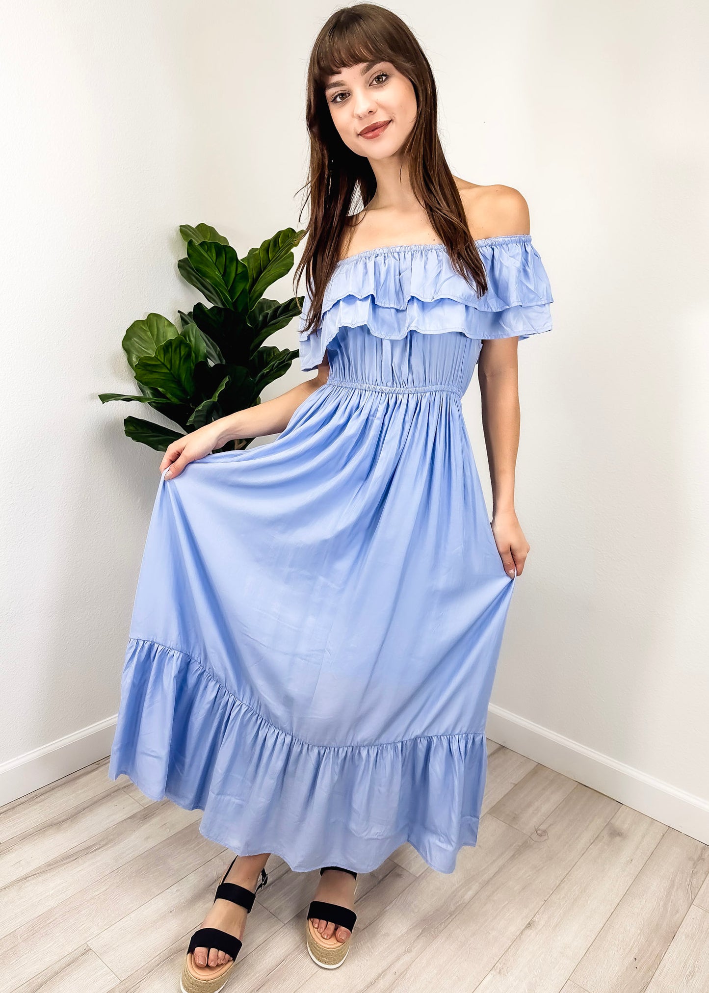 Grecian Ruffle Stretch Maxi Long Dress