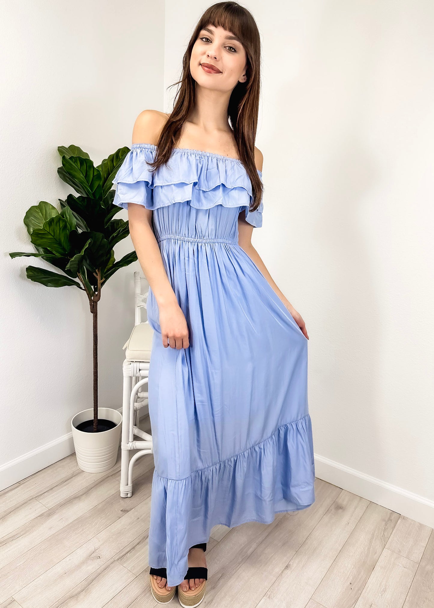 Grecian Ruffle Stretch Maxi Long Dress