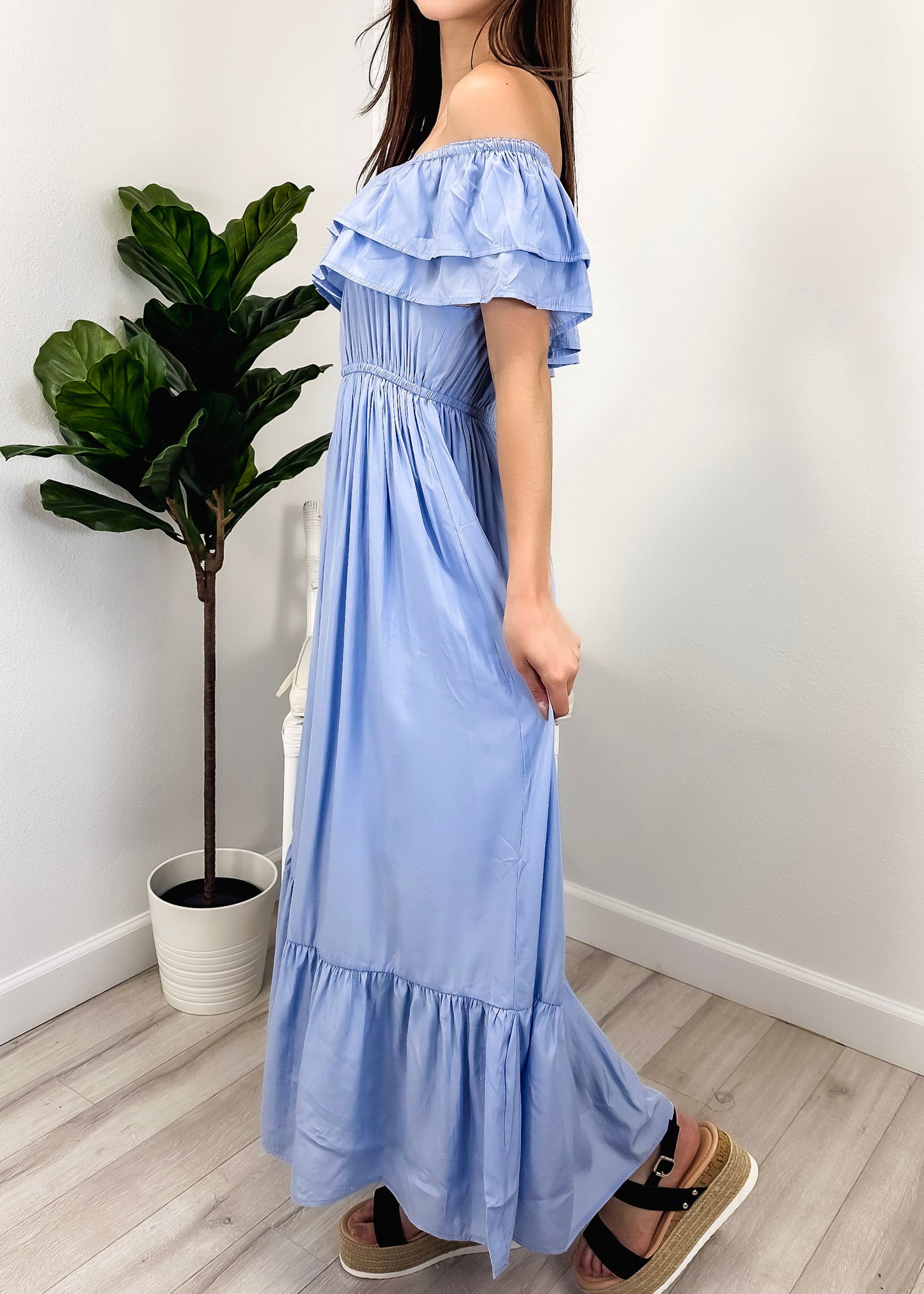 Grecian Ruffle Stretch Maxi Long Dress
