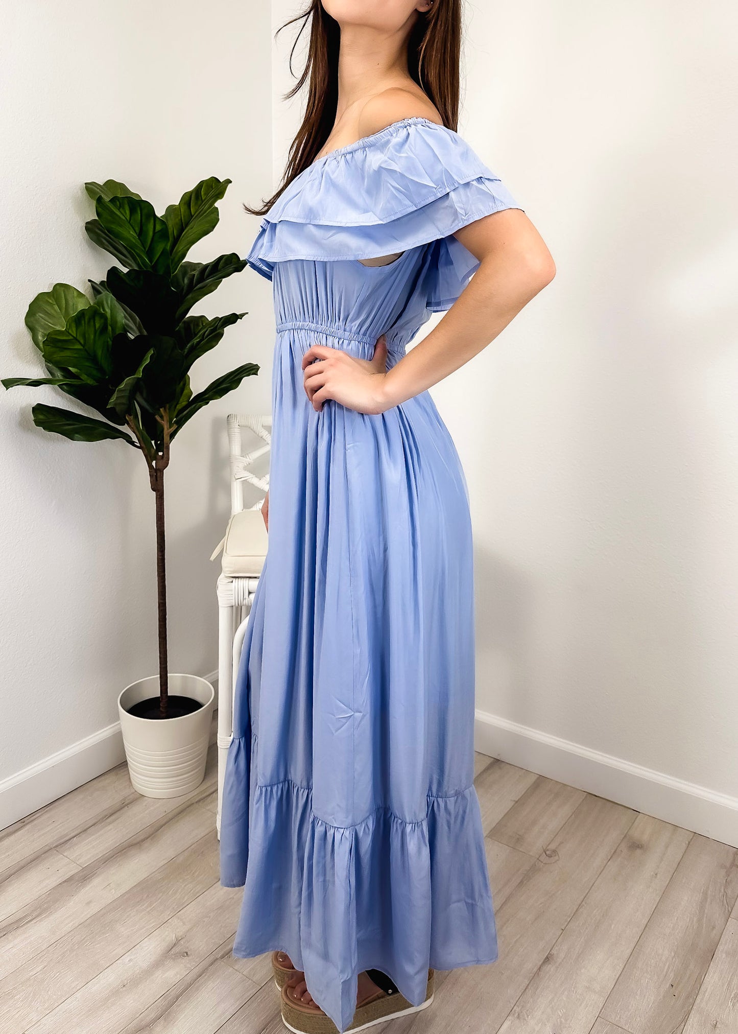 Grecian Ruffle Stretch Maxi Long Dress