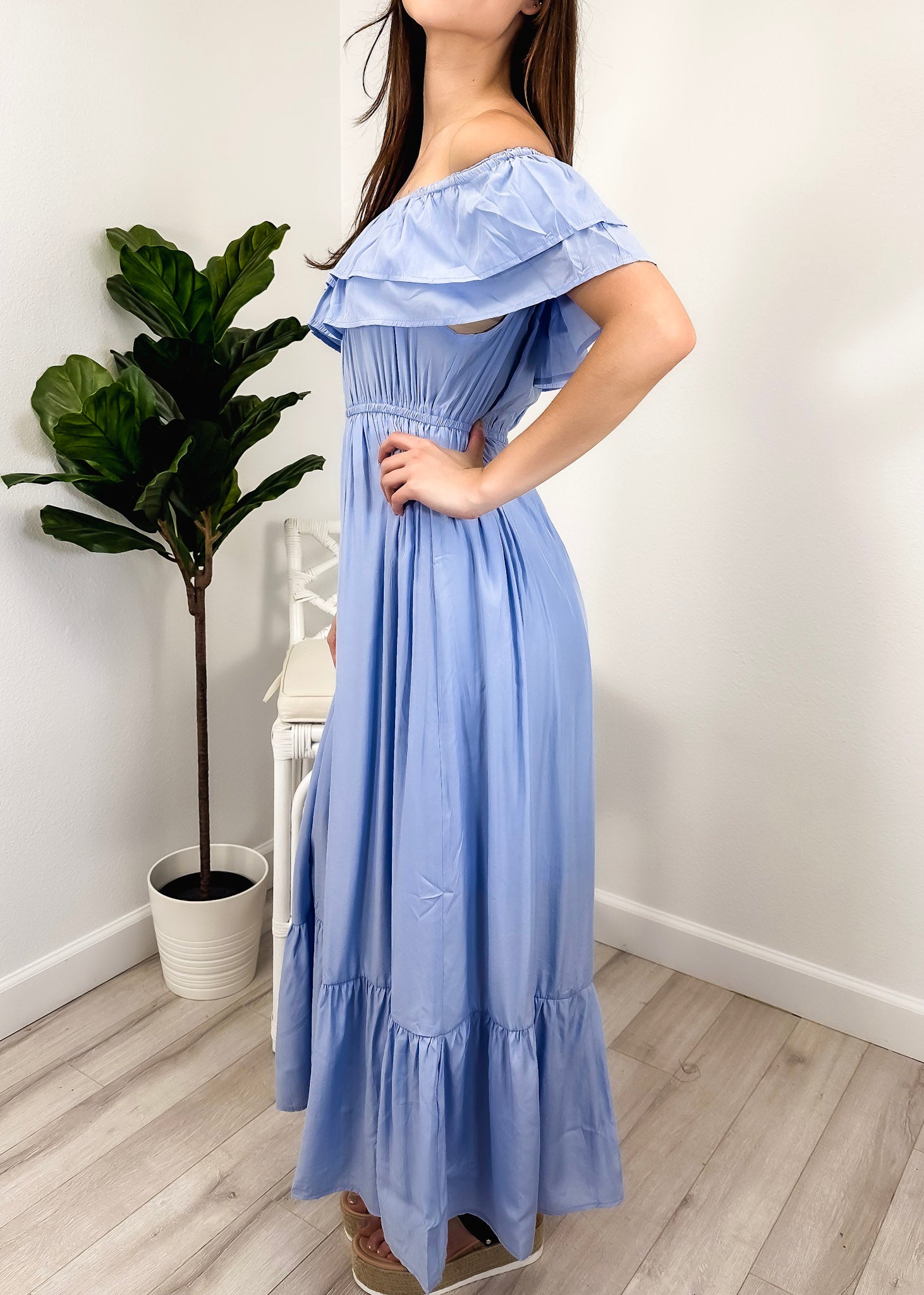 Vestido largo elástico con volantes de estilo griego