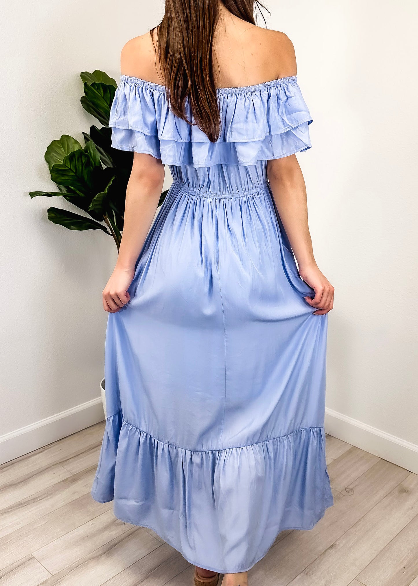 Grecian Ruffle Stretch Maxi Long Dress