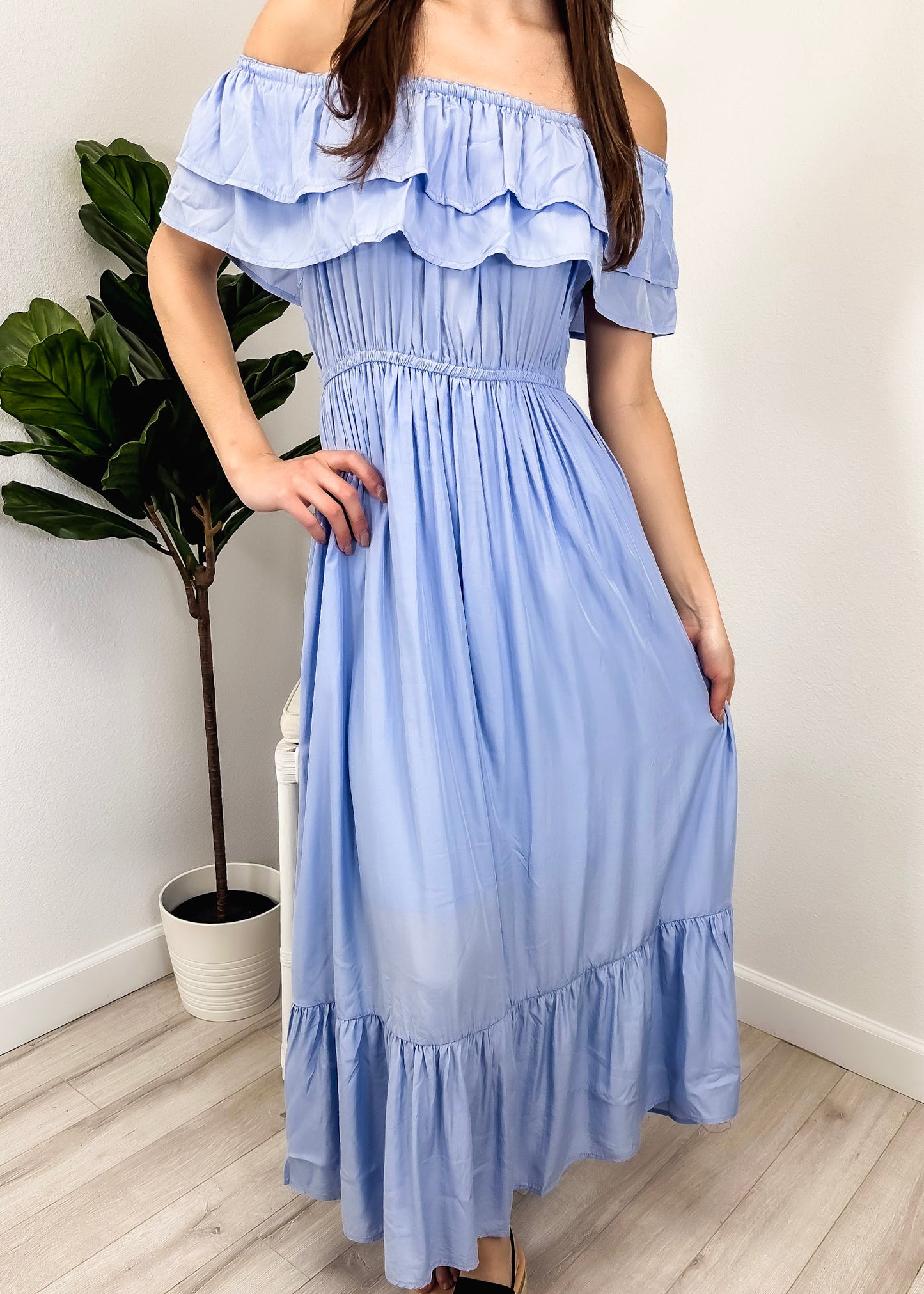 Grecian Ruffle Stretch Maxi Long Dress