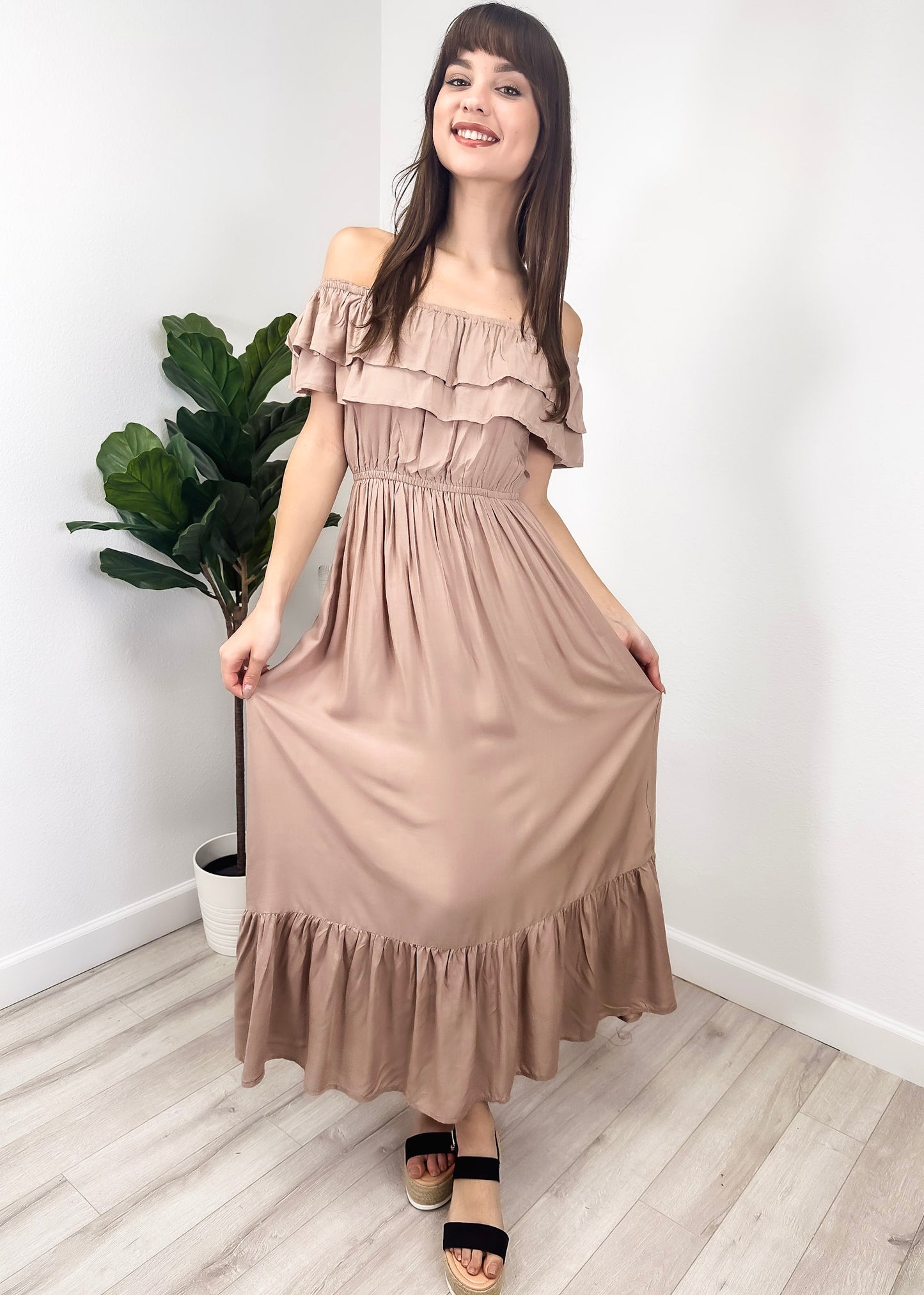 Grecian Ruffle Stretch Maxi Long Dress