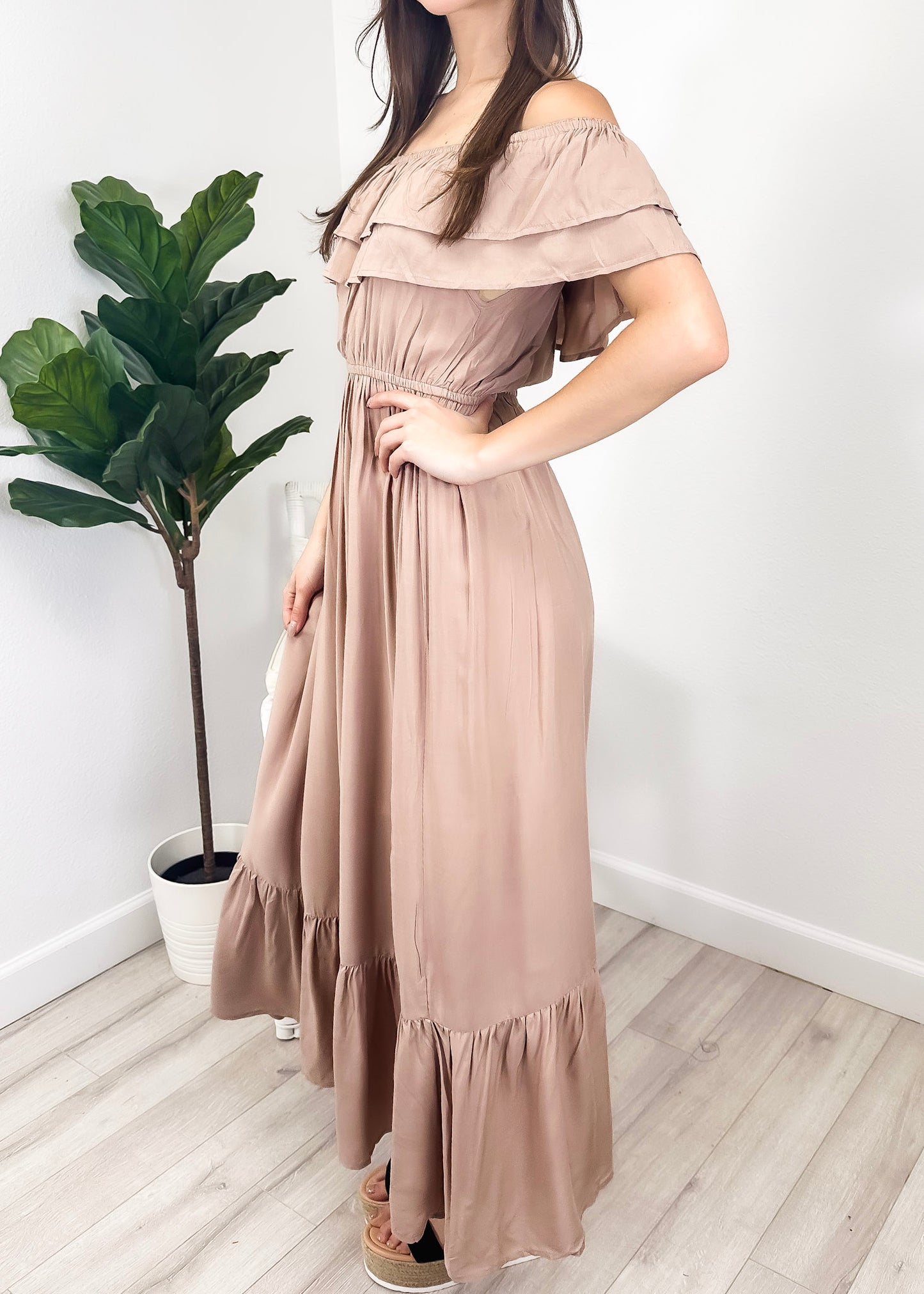 Grecian Ruffle Stretch Maxi Long Dress