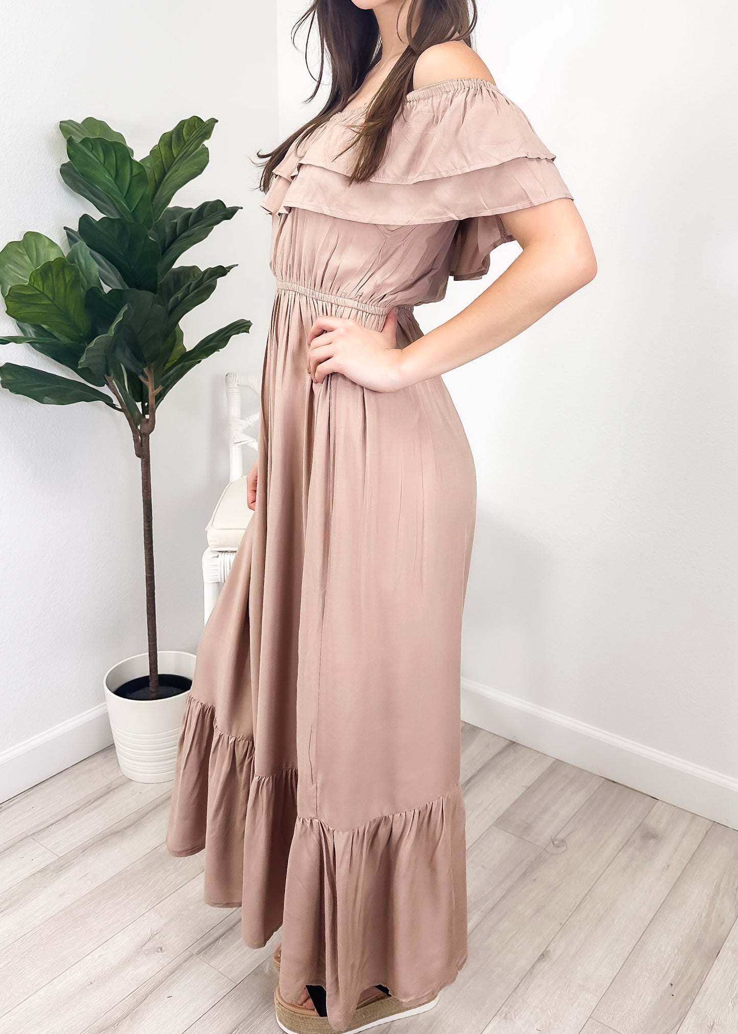 Grecian Ruffle Stretch Maxi Long Dress