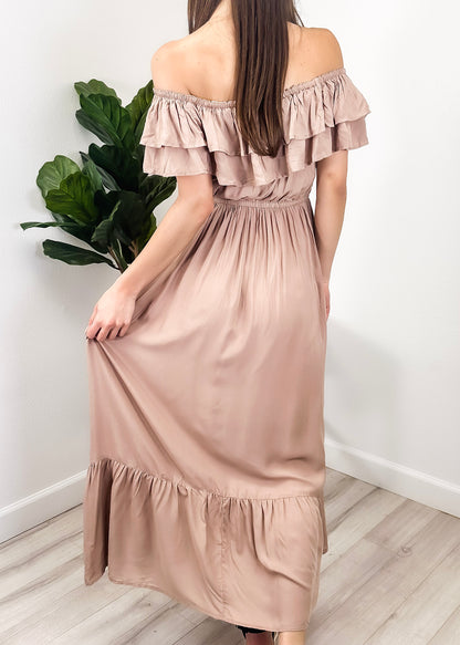 Grecian Ruffle Stretch Maxi Long Dress