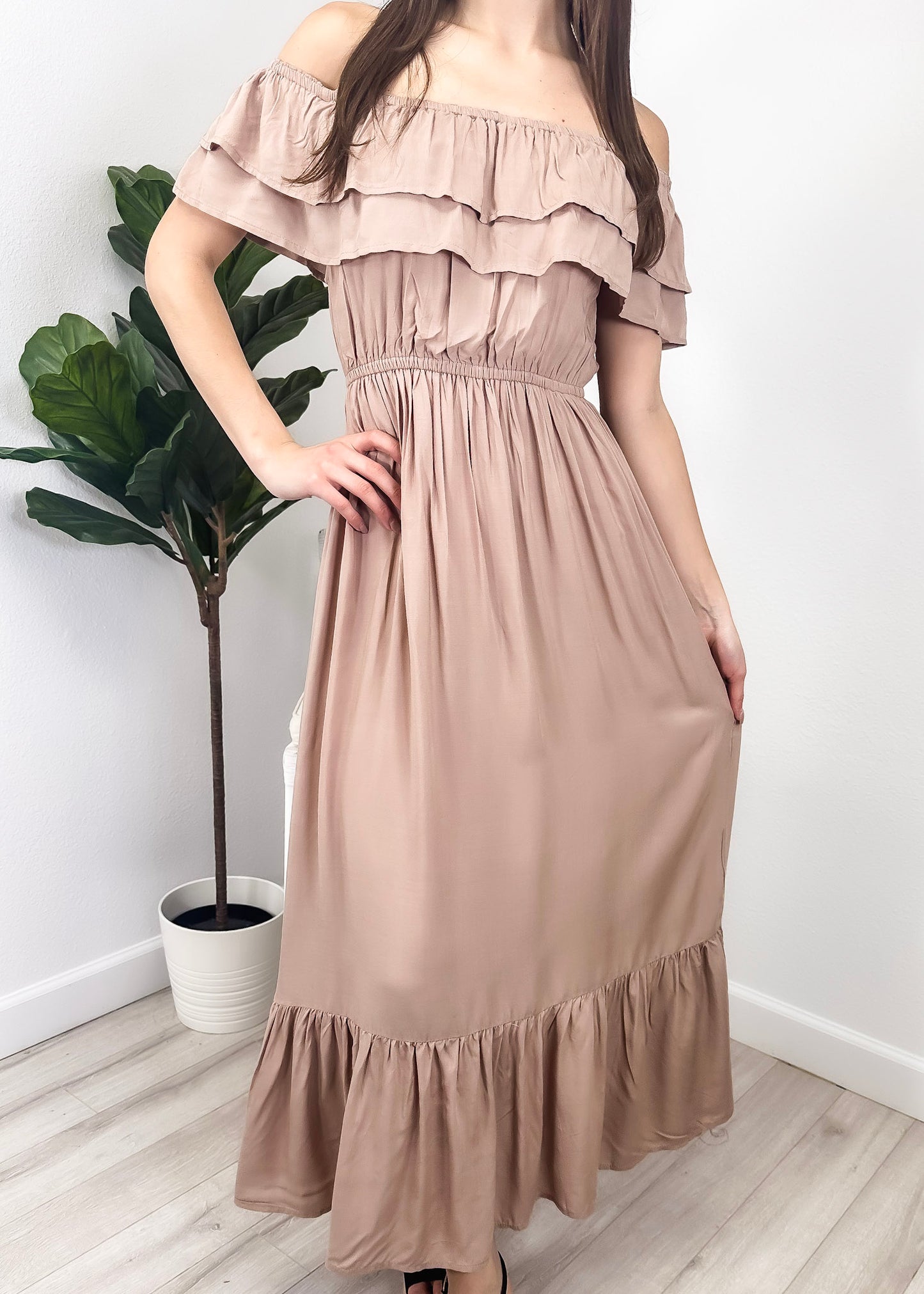 Grecian Ruffle Stretch Maxi Long Dress