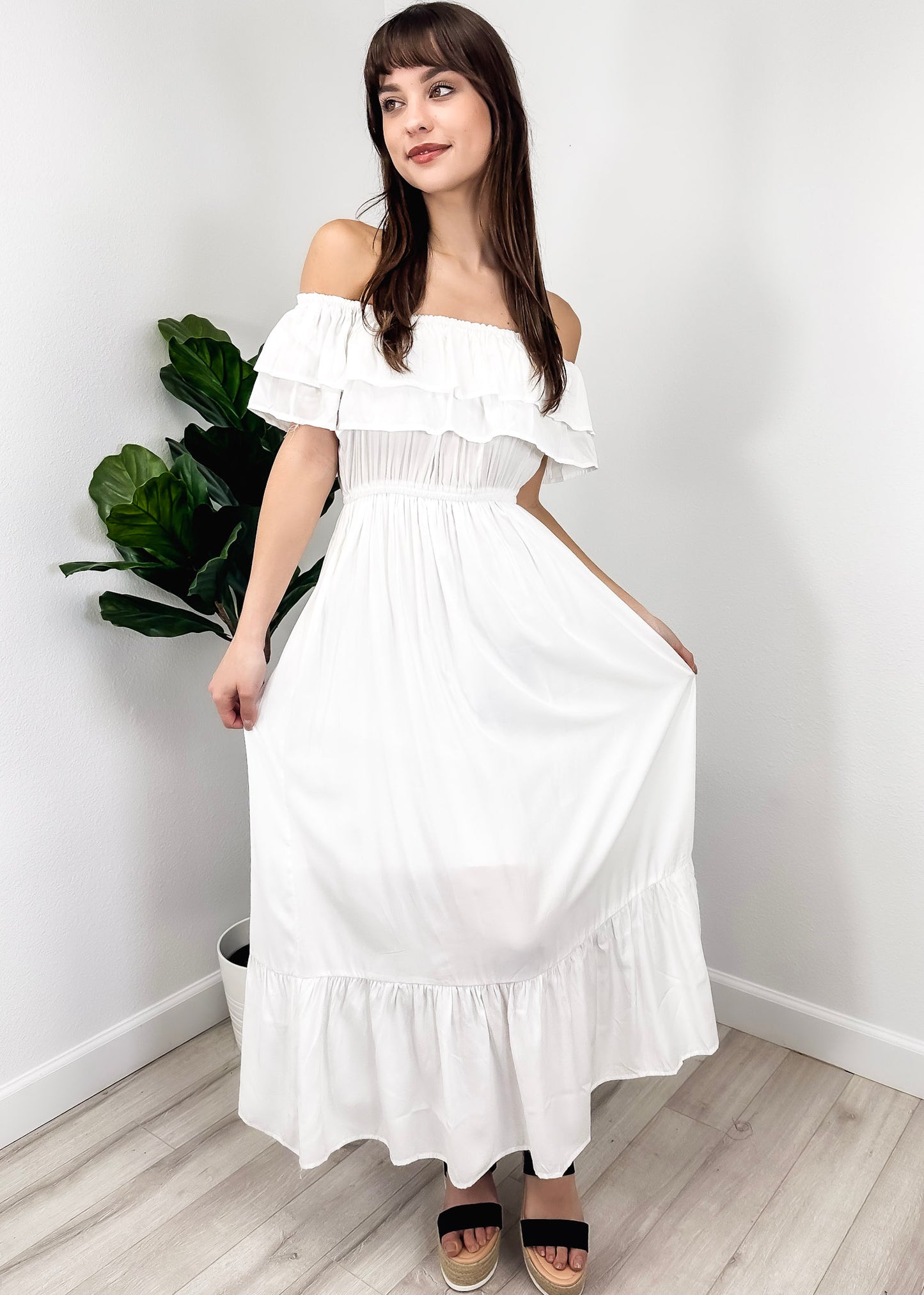 Grecian Ruffle Stretch Maxi Long Dress
