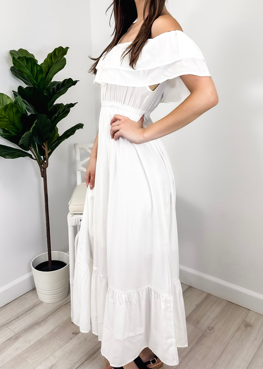 Vestido largo elástico con volantes de estilo griego