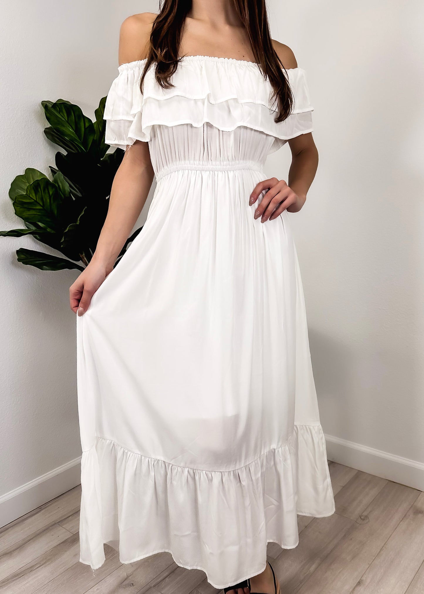 Grecian Ruffle Stretch Maxi Long Dress