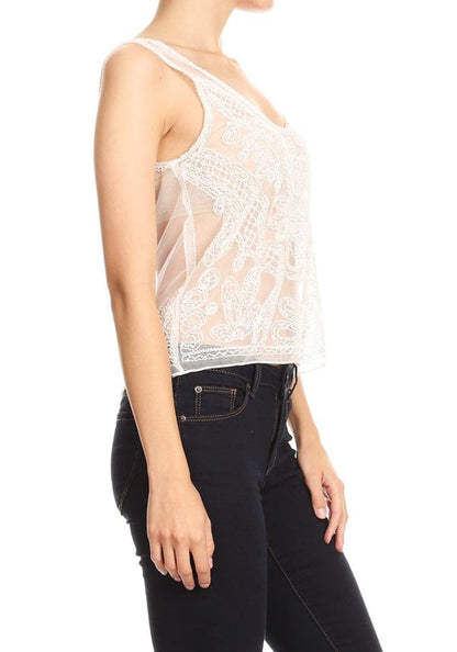 Top de encaje transparente bordado