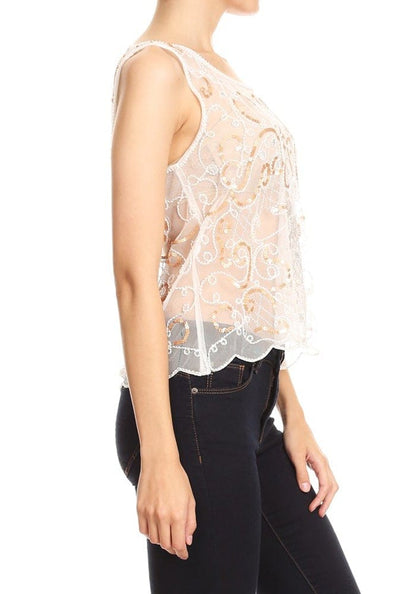 Top de encaje transparente bordado