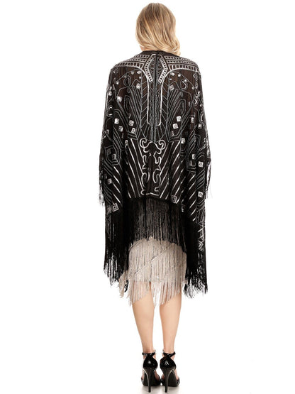 Anna-Kaci Womens Oversize Hand Beaded Fringed Sequin Evening Shawl Wrap