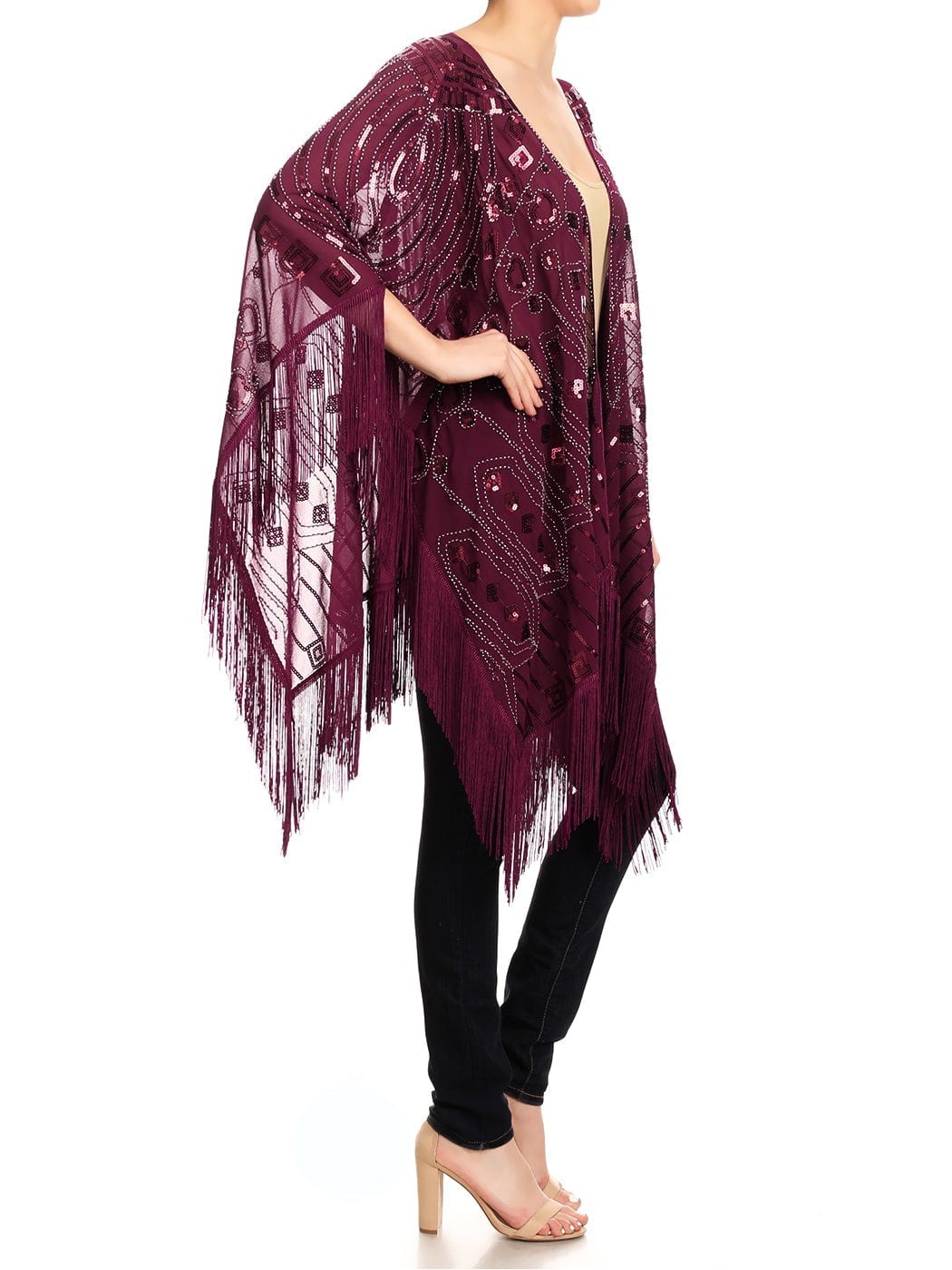 Anna-Kaci Womens Oversize Hand Beaded Fringed Sequin Evening Shawl Wrap