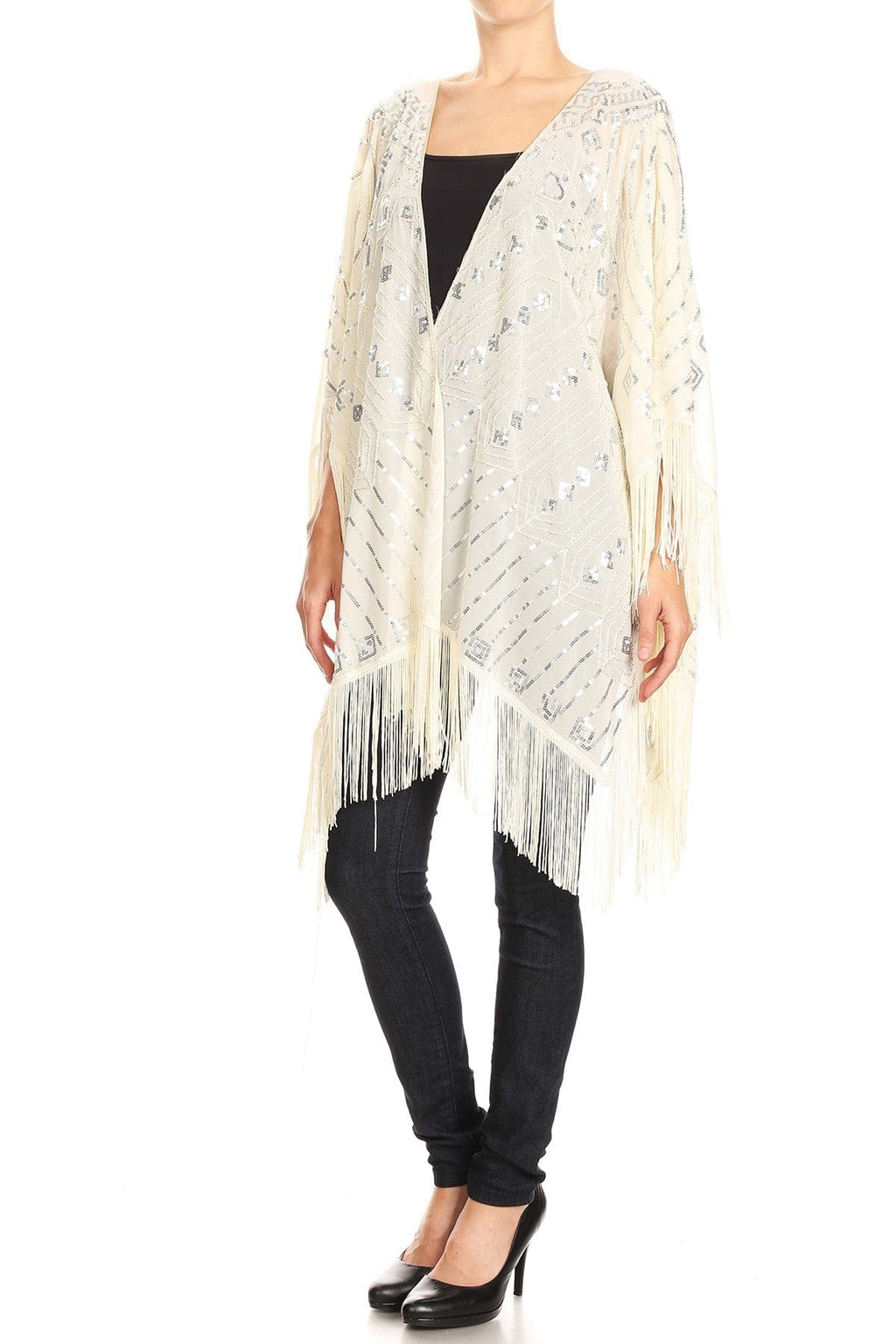 Anna-Kaci Womens Oversize Hand Beaded Fringed Sequin Evening Shawl Wrap