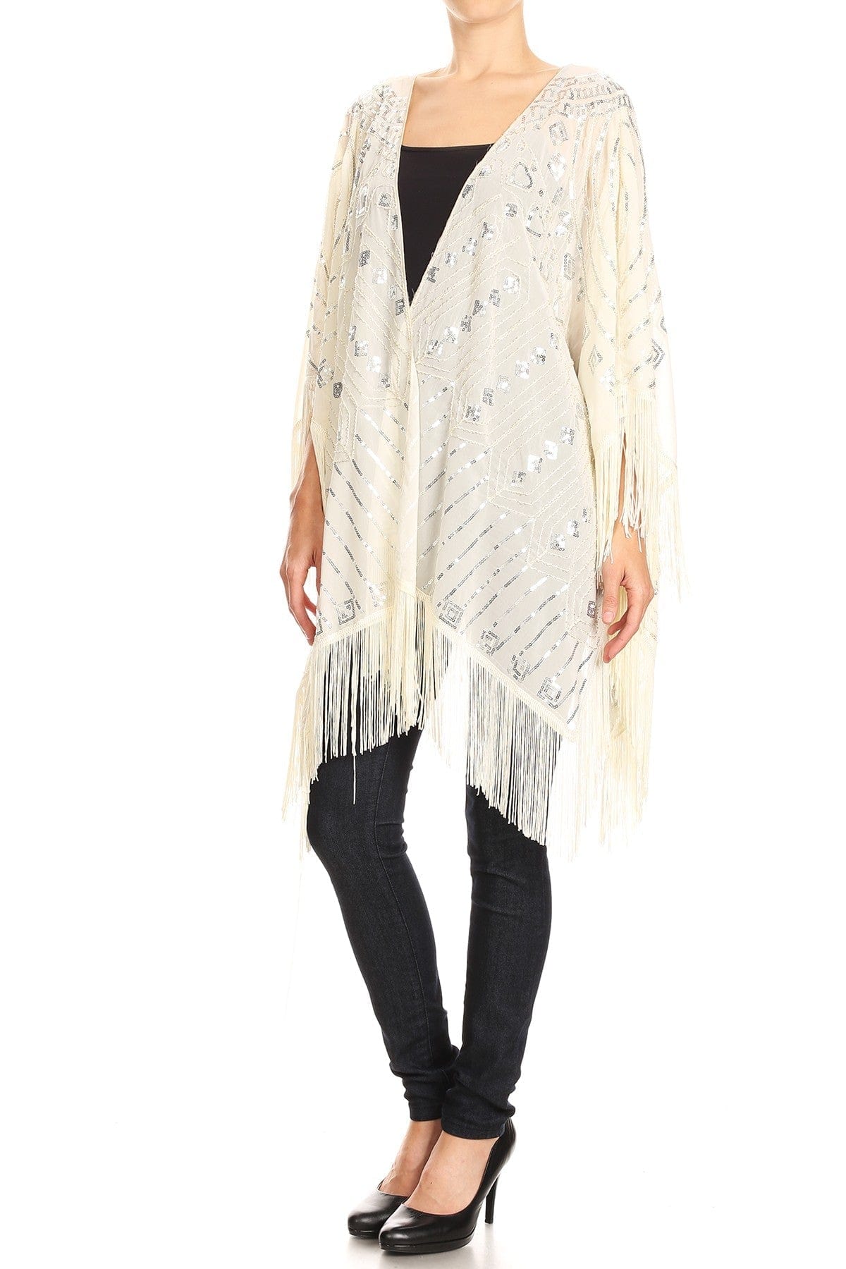Anna-Kaci Womens Oversize Hand Beaded Fringed Sequin Evening Shawl Wrap