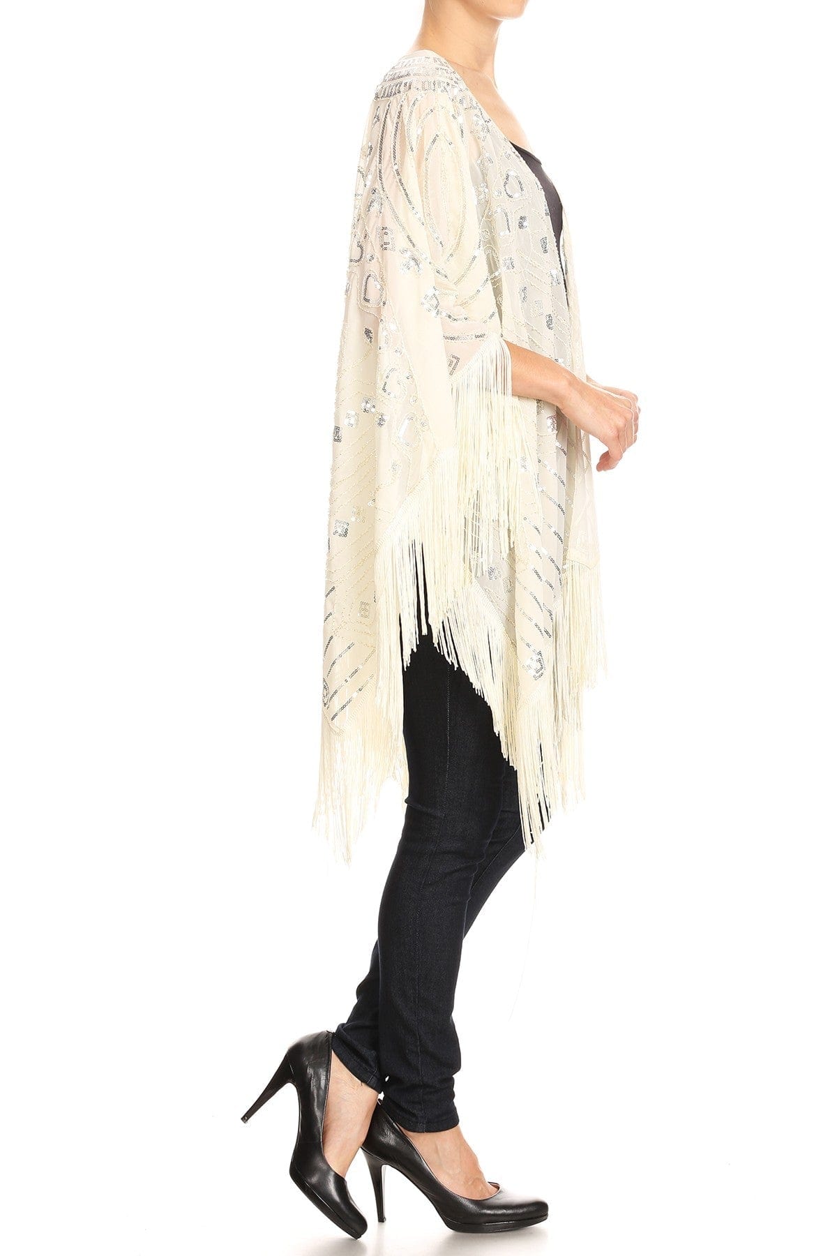 Anna-Kaci Womens Oversize Hand Beaded Fringed Sequin Evening Shawl Wrap
