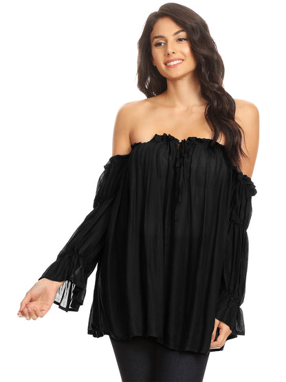 Blusa estilo bohemio semitransparente con hombros descubiertos