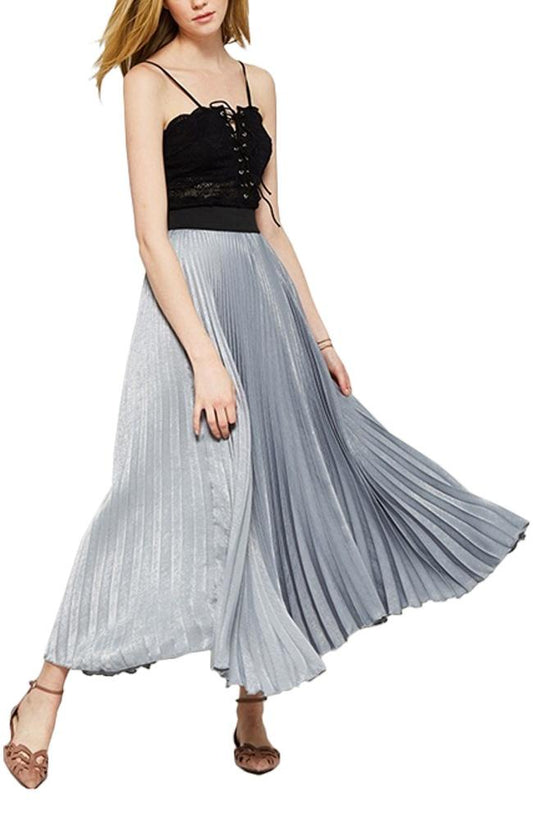 Womens Satin High Waist Elastic Band Pleated Skirt