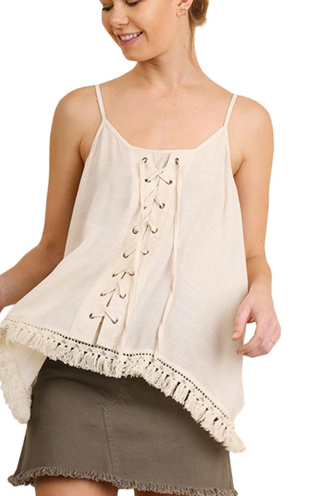 Top camisero bohemio sin mangas con dobladillo drapeado y borlas para mujer de Anna-Kaci