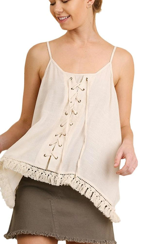 Top camisero bohemio sin mangas con dobladillo drapeado y borlas para mujer de Anna-Kaci