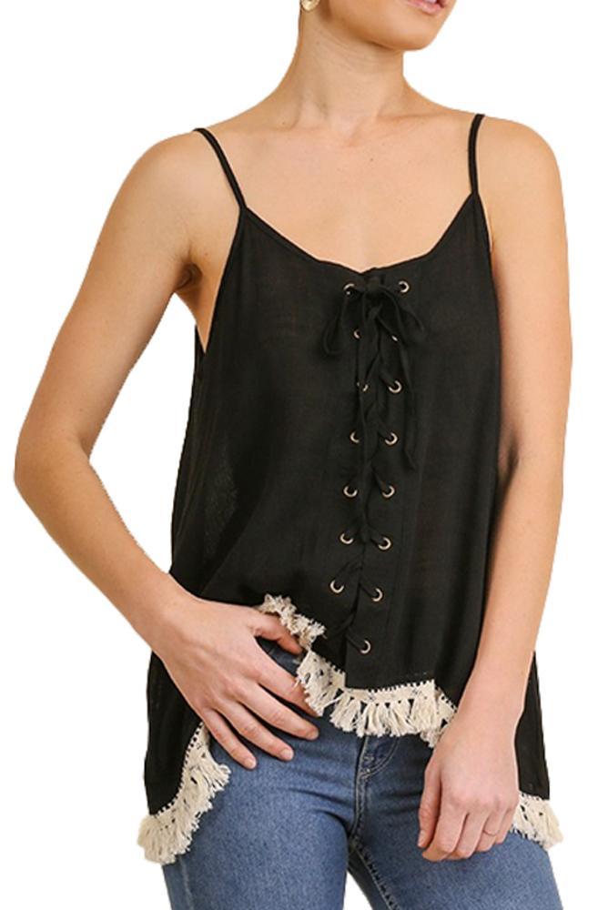 Top camisero bohemio sin mangas con dobladillo drapeado y borlas para mujer de Anna-Kaci