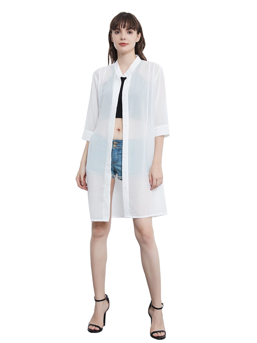 Blusa tipo túnica larga de gasa transparente negra para mujer joven