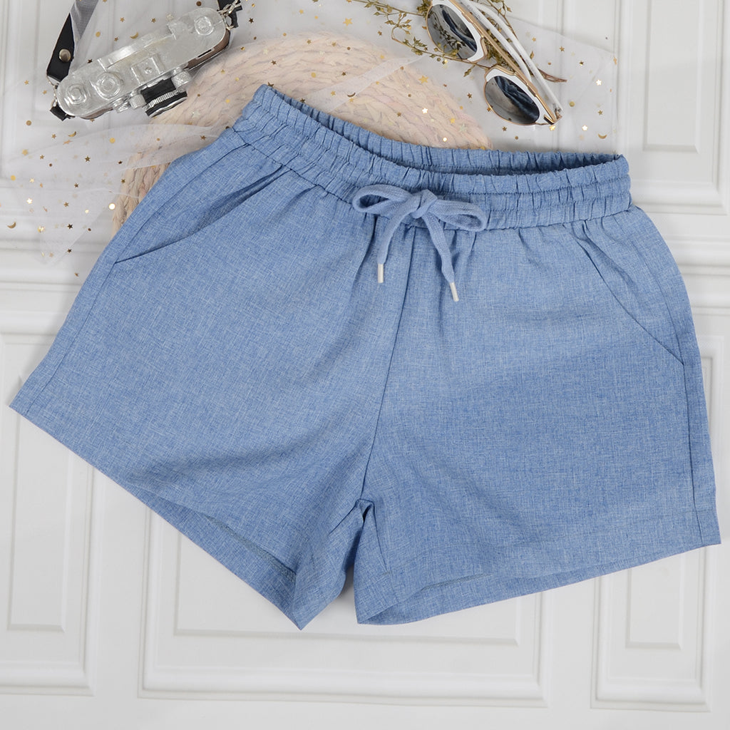 Pantalones cortos de lino elásticos con bolsillos y cordón ajustable
