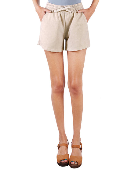 Pantalones cortos de lino elásticos con bolsillos y cordón ajustable