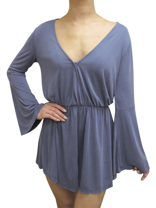 Mono corto informal elástico de manga larga con escote en V profundo y escote pronunciado para mujer