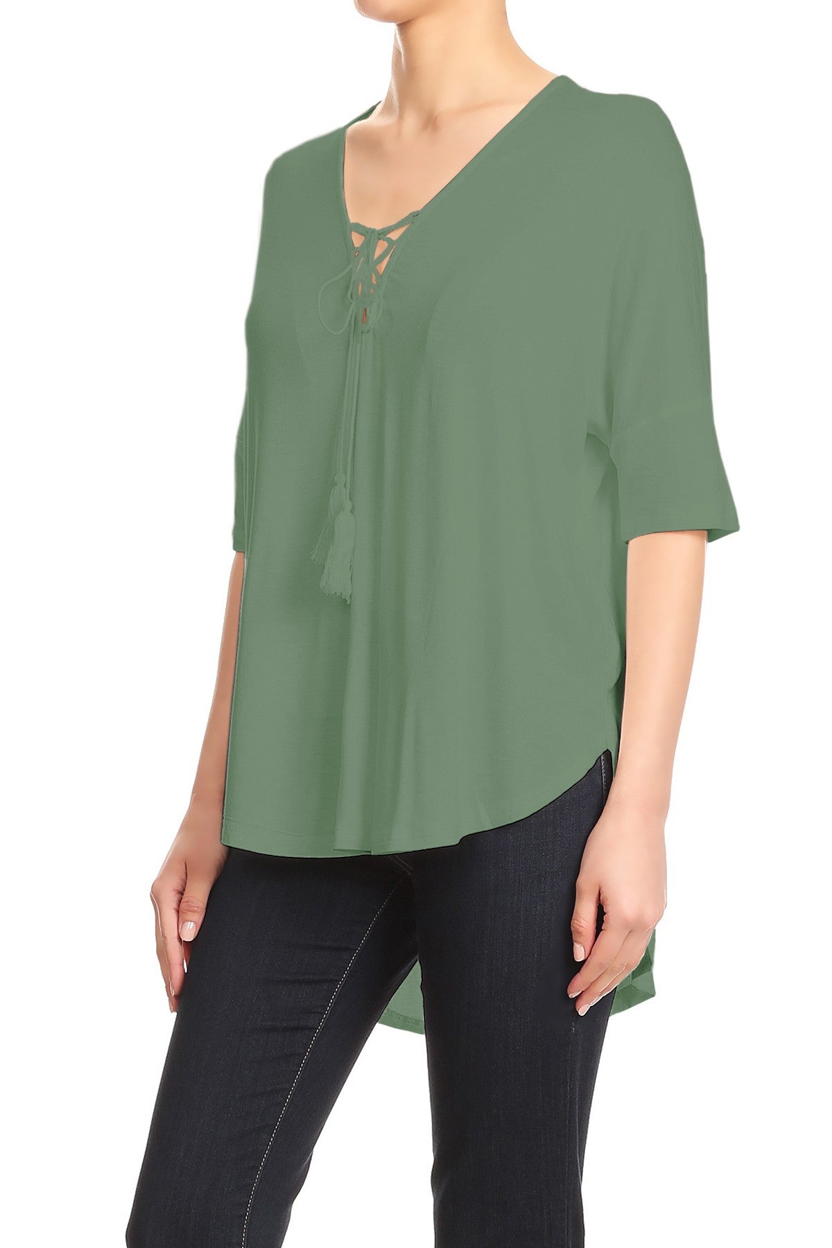 Blusa informal holgada con escote en V y cordones para mujer con mangas cortas estilo dolman