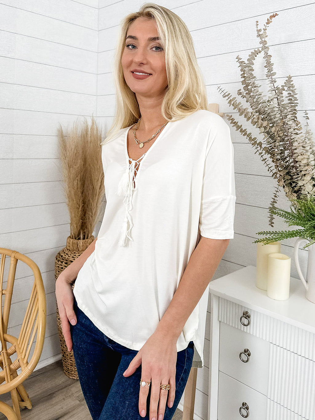 Womens Casual Lace Up V-Neck Loose Fit Top with Short Dolman Sleeves