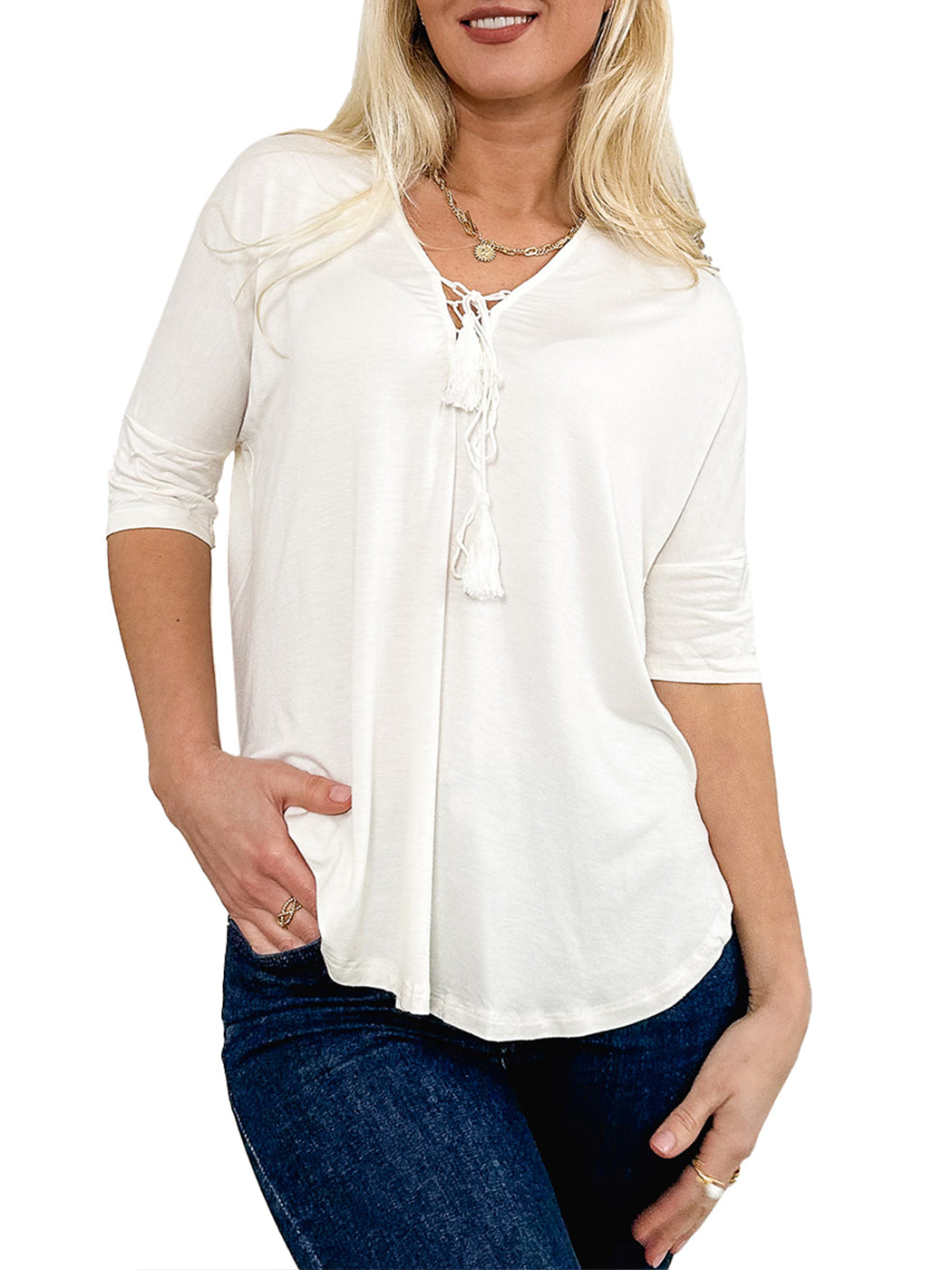 Womens Casual Lace Up V-Neck Loose Fit Top with Short Dolman Sleeves