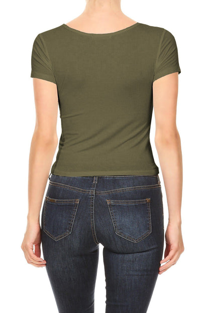 Top corto informal de punto acanalado con cuello en V y manga corta para mujer