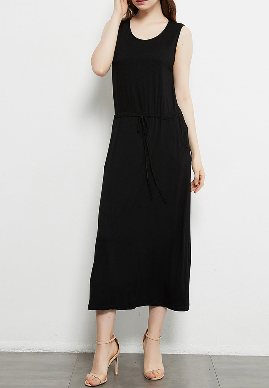 Vestido camisero básico con lazo en la parte delantera y bolsillos