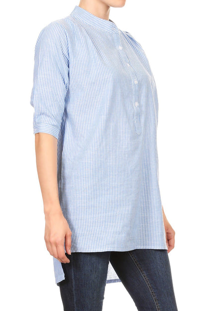 Camisa informal de mujer de tejido Chambray con botones y rayas largas