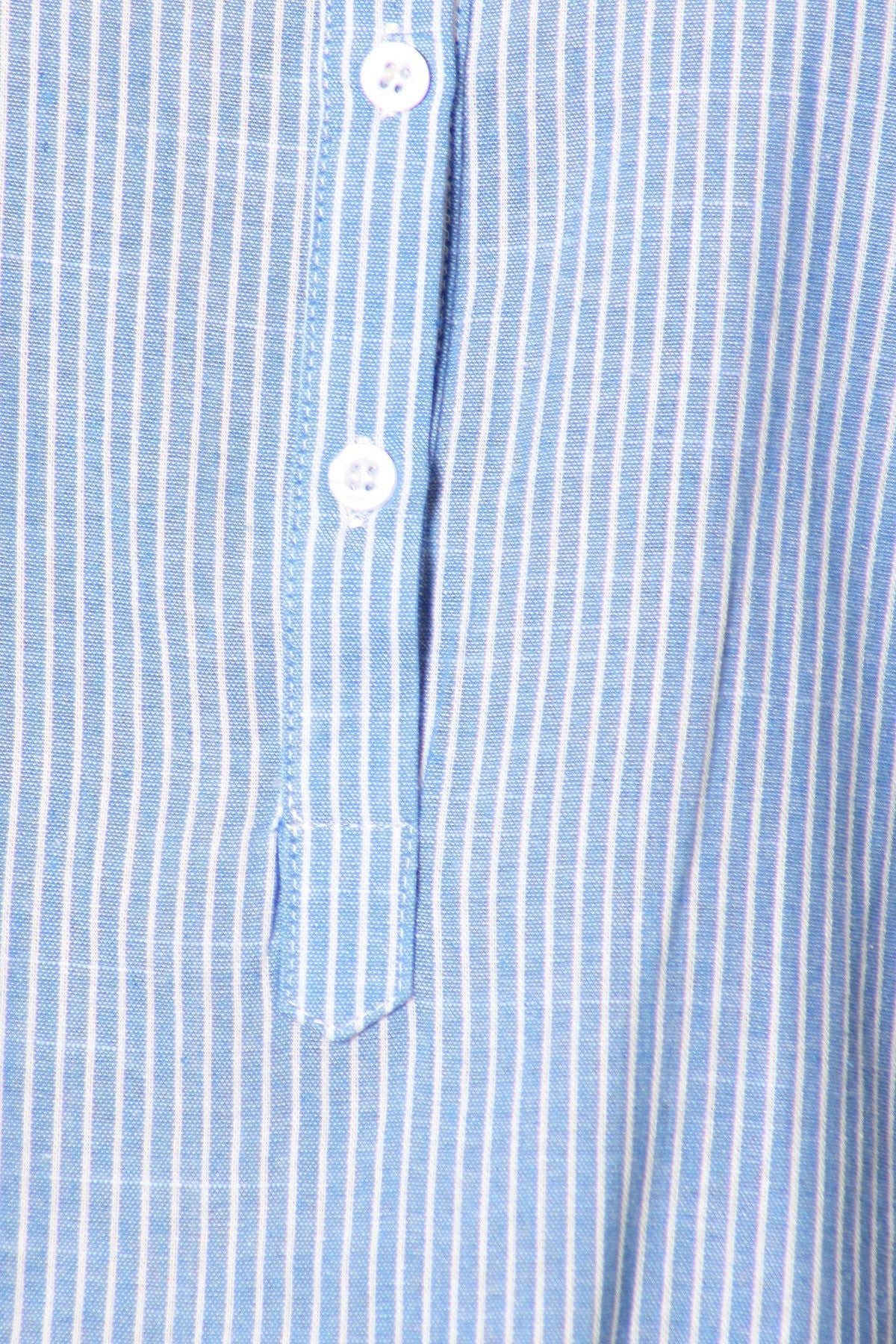 Womens Casual Woven Chambray Half Button up Long Stripe Shirt