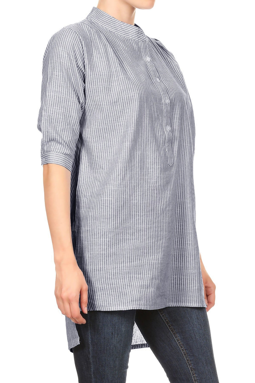 Womens Casual Woven Chambray Half Button up Long Stripe Shirt