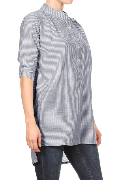 Camisa informal de mujer de tejido Chambray con botones y rayas largas