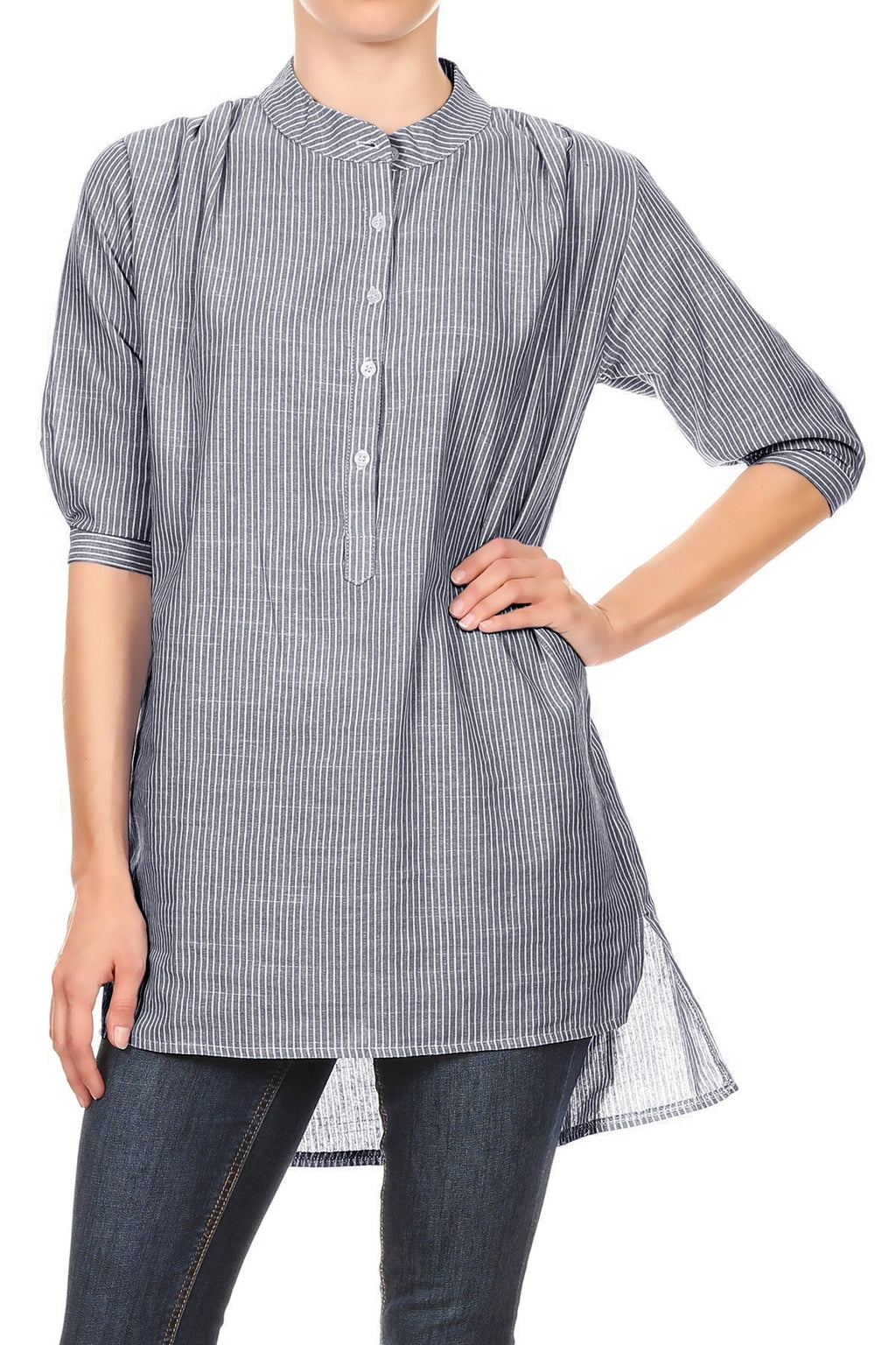 Womens Casual Woven Chambray Half Button up Long Stripe Shirt