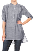 Womens Casual Woven Chambray Half Button up Long Stripe Shirt